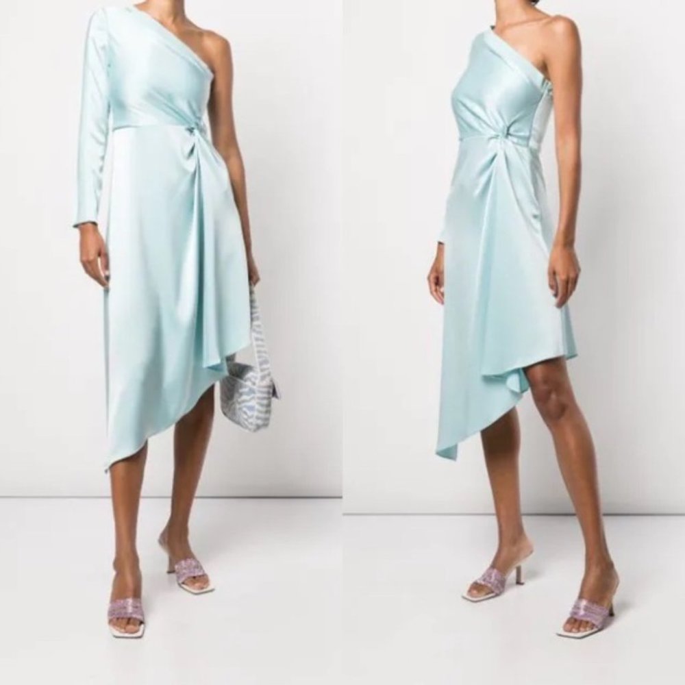 NWT Alice + Olivia Dora Asymmetrical Off The Shoulder Dress in Powder Blue